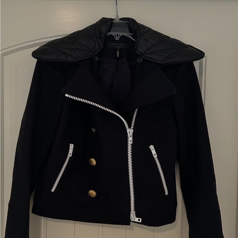 rag & bone Navy Bomber Jacket with White Zipper and Gold Buttons